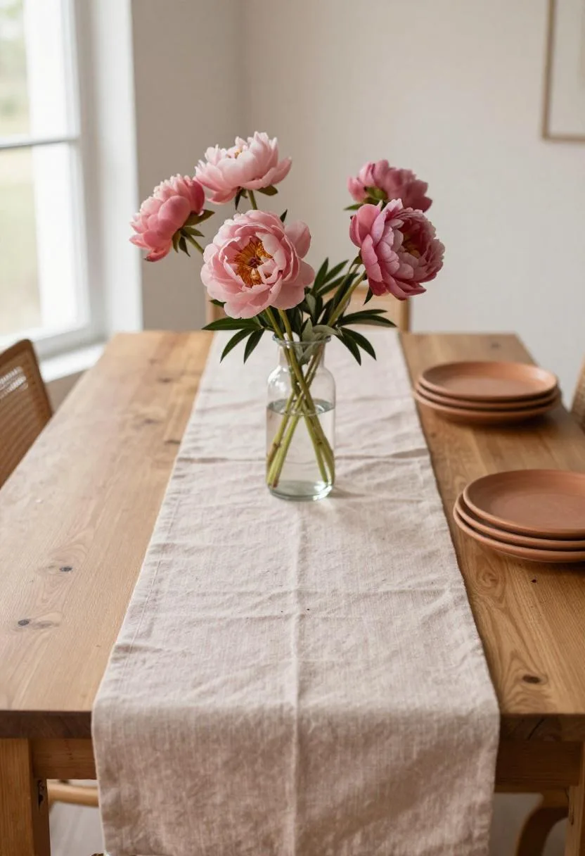 Warm maximalist-meets-minimal Easter table with blush linen napkins, peony stems, and terracotta stoneware dishes