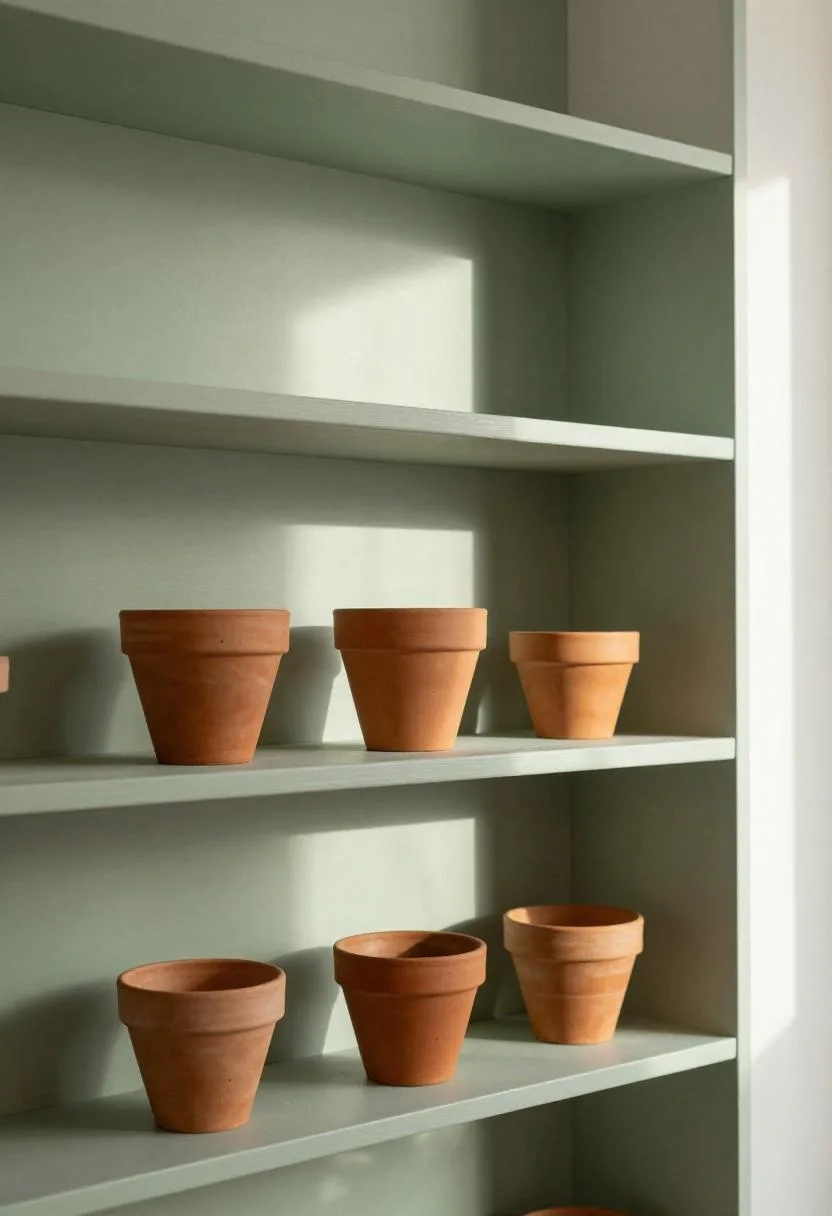 Maximalist-minimal greenhouse with sage timber shelving and graduated terracotta pots in golden light
