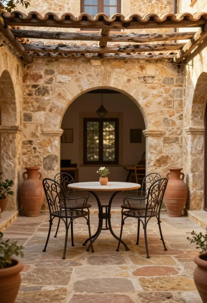 Wrought-iron bistro set beneath a terracotta pergola flanked by tall amphora urns in a Mediterranean courtyard