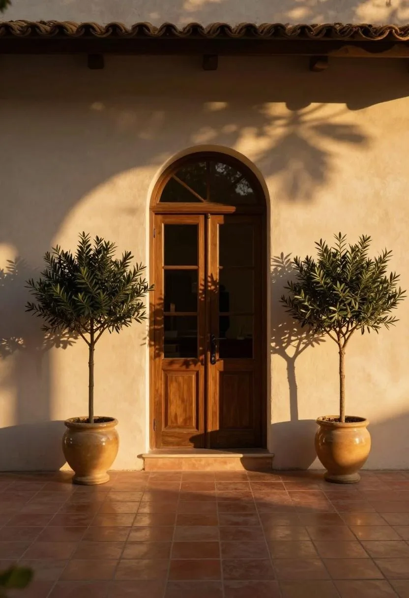 Mediterranean entry with glazed tan olive urns flanking an arched door bathed in golden hour light