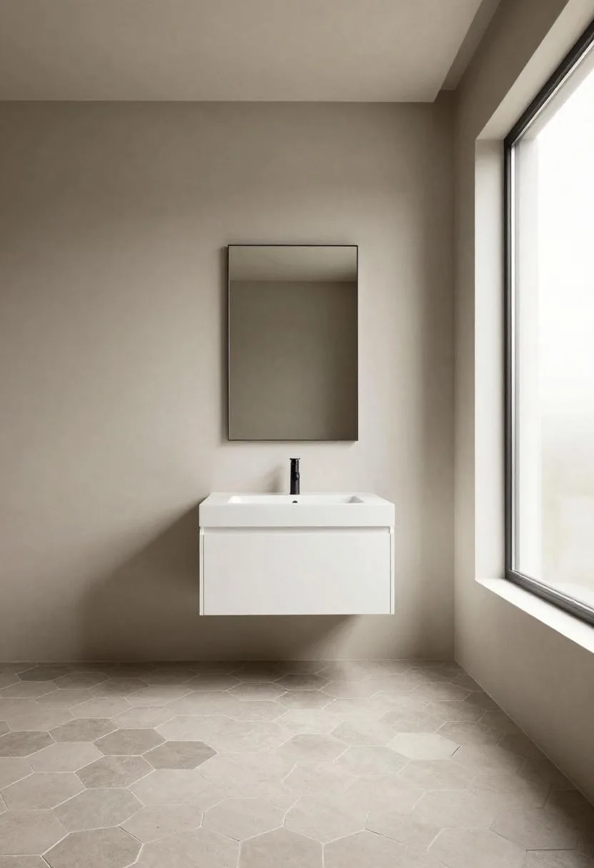 Mid-century bathroom with charcoal hexagon floor tiles, white floating vanity, and matte black faucet