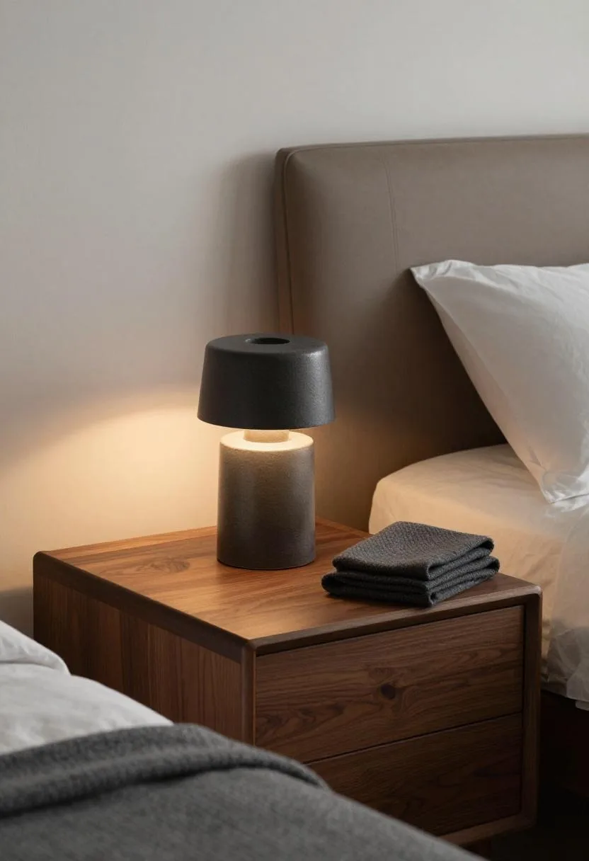 Mid-century dark walnut nightstand with espresso ceramic lamp in warm evening light
