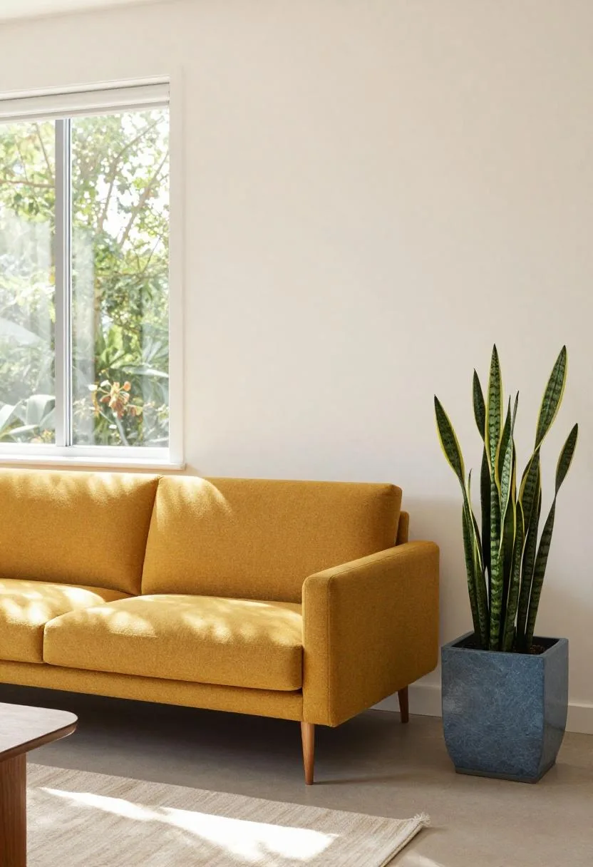 Mid-century mustard sofa with tall snake plant in slate-blue ceramic planter