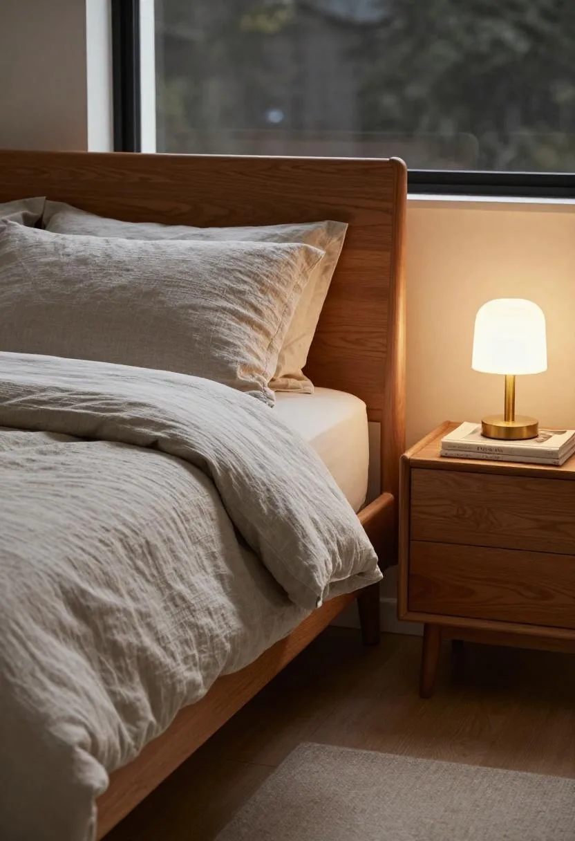 Mid-century oak bed frame with warm gray-brown linen bedding and brass table lamp in evening light
