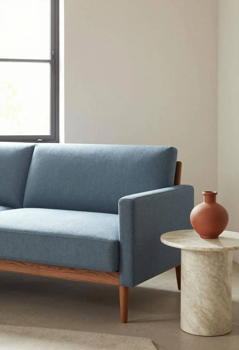 Mid-century slate-blue wool sofa with walnut legs and a marble side table in morning light