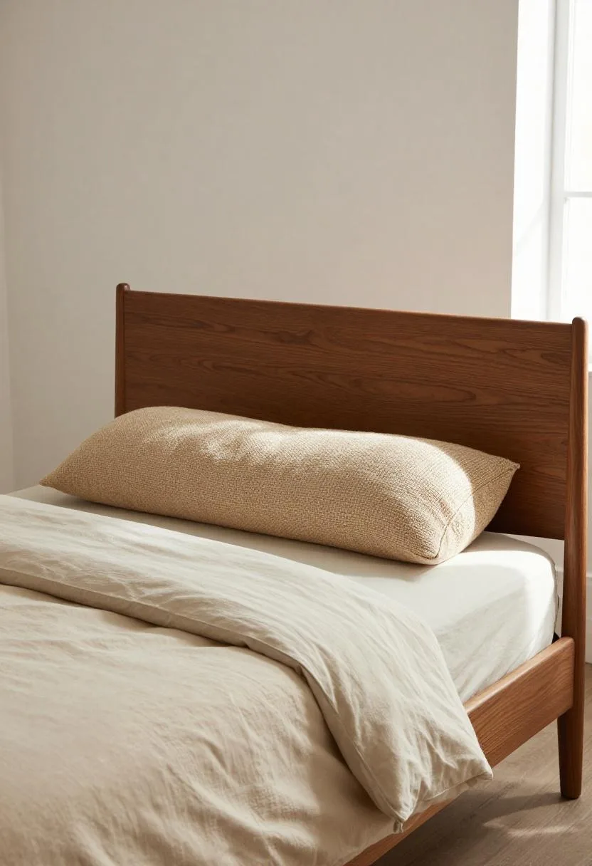 Mid-century teak bed frame dressed with sandy beige cotton bedding and a natural jute pillow in afternoon light