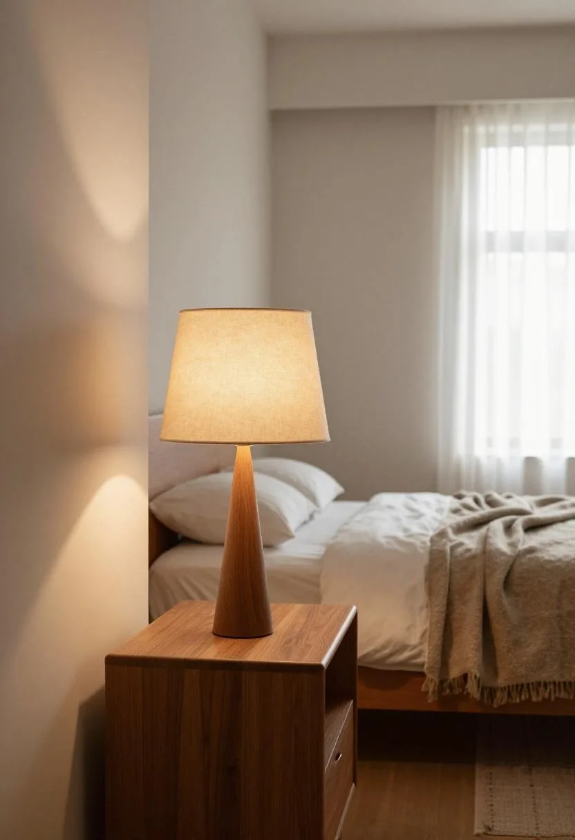 Mid-century teak nightstand with wood-base lamp and linen shade in warm afternoon sunlight