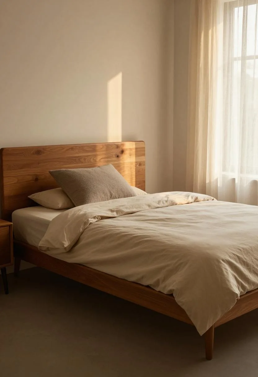 Mid-century teak platform bed with sand cotton bedding bathed in golden hour light