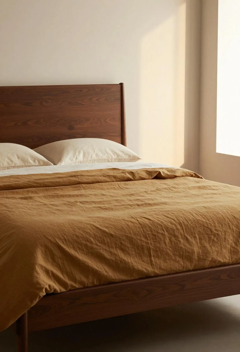 Mid-century walnut bed with burnt amber linen duvet in golden hour light