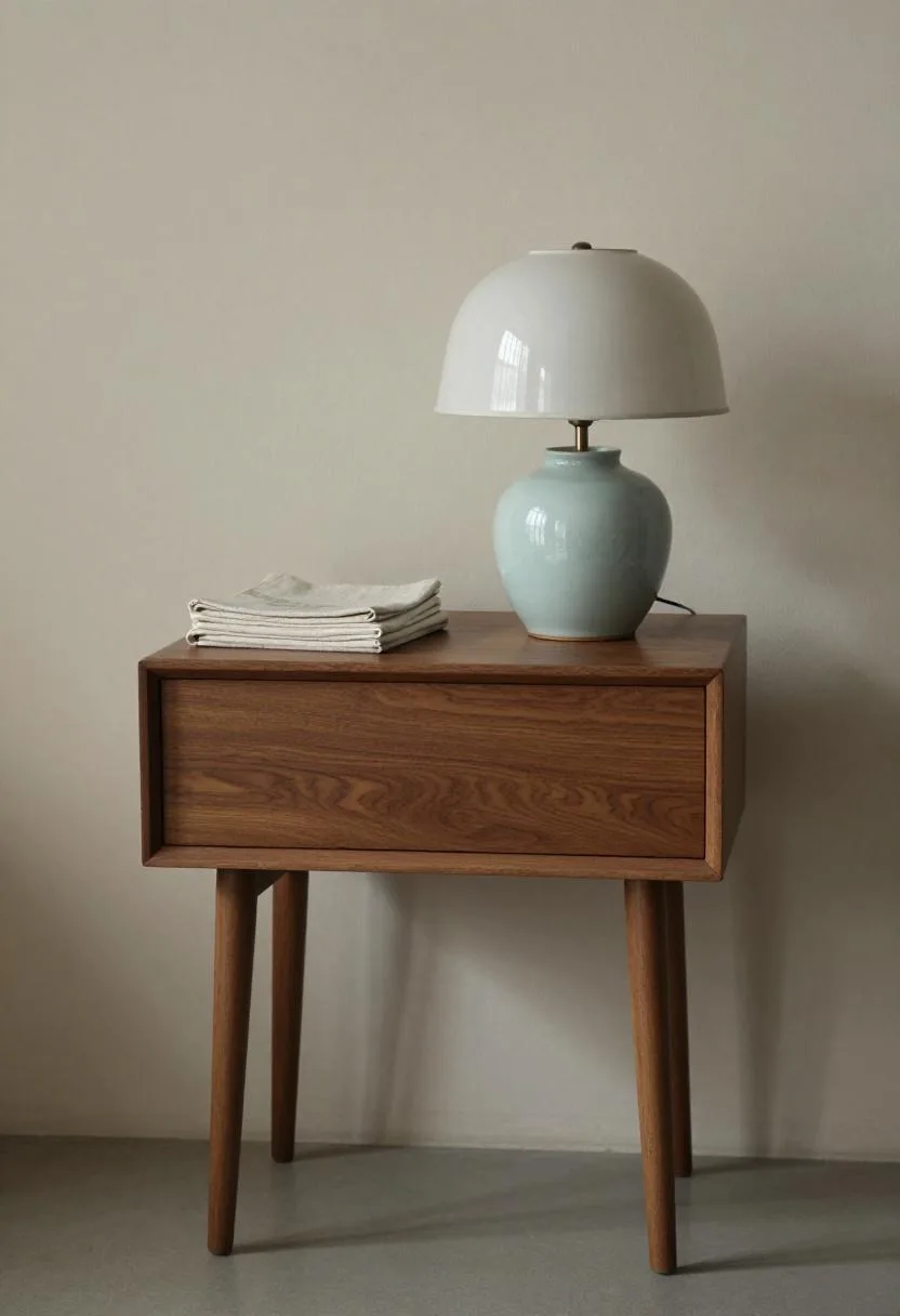 Mid-century modern walnut nightstand with a seafoam ceramic table lamp in warm afternoon bedroom light