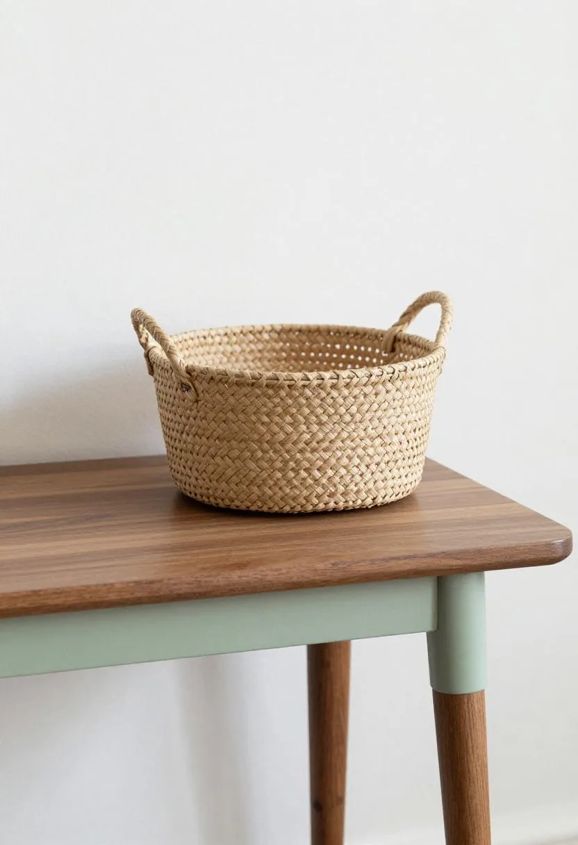 Mid-century walnut side table with a jade-painted base and woven khaki basket on top