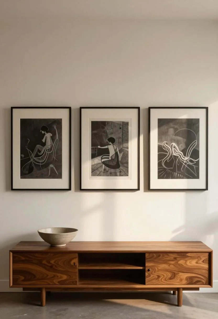 Mid-century ebony-framed gallery triptych above a walnut media console