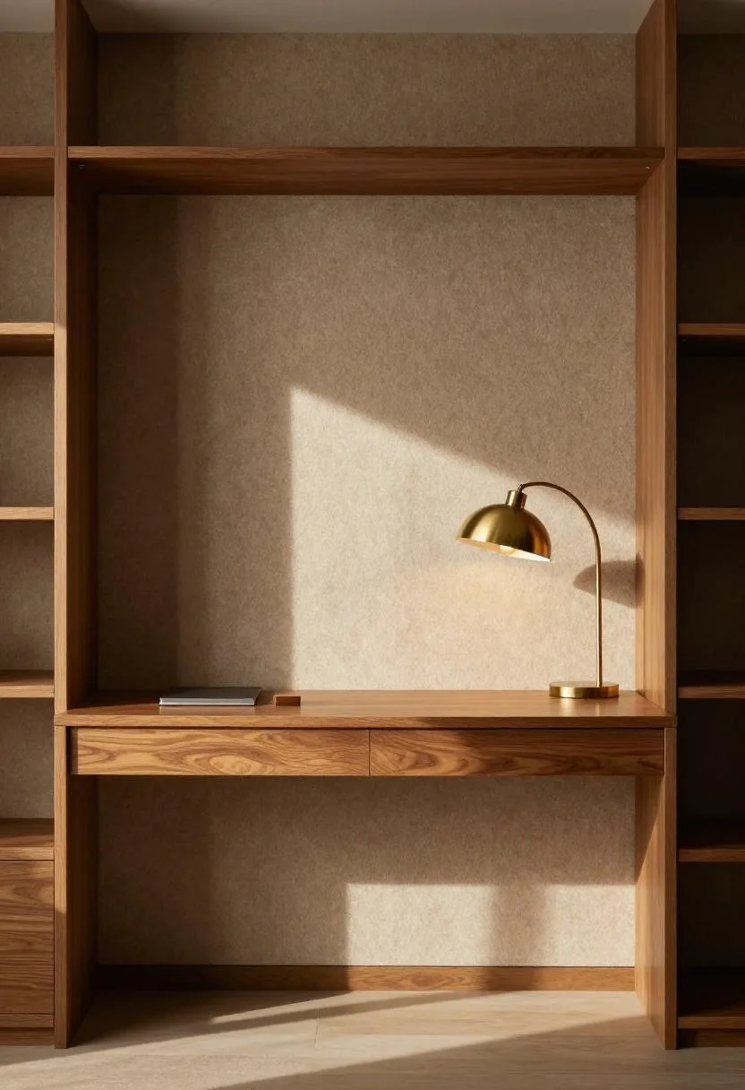 Mid-century modern teak closet office with taupe acoustic back panel and adjustable brass task lamp