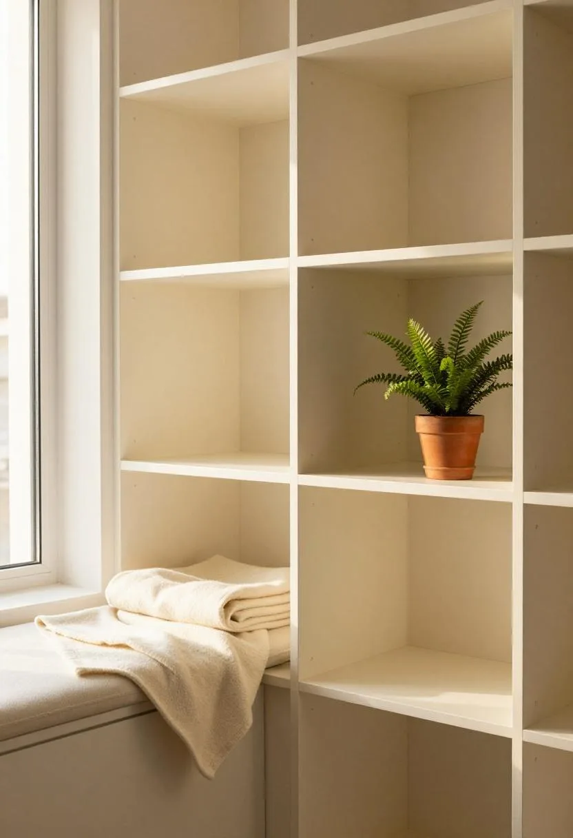Minimal cream built-in cubby bookshelf styled with a wool throw and terracotta fern