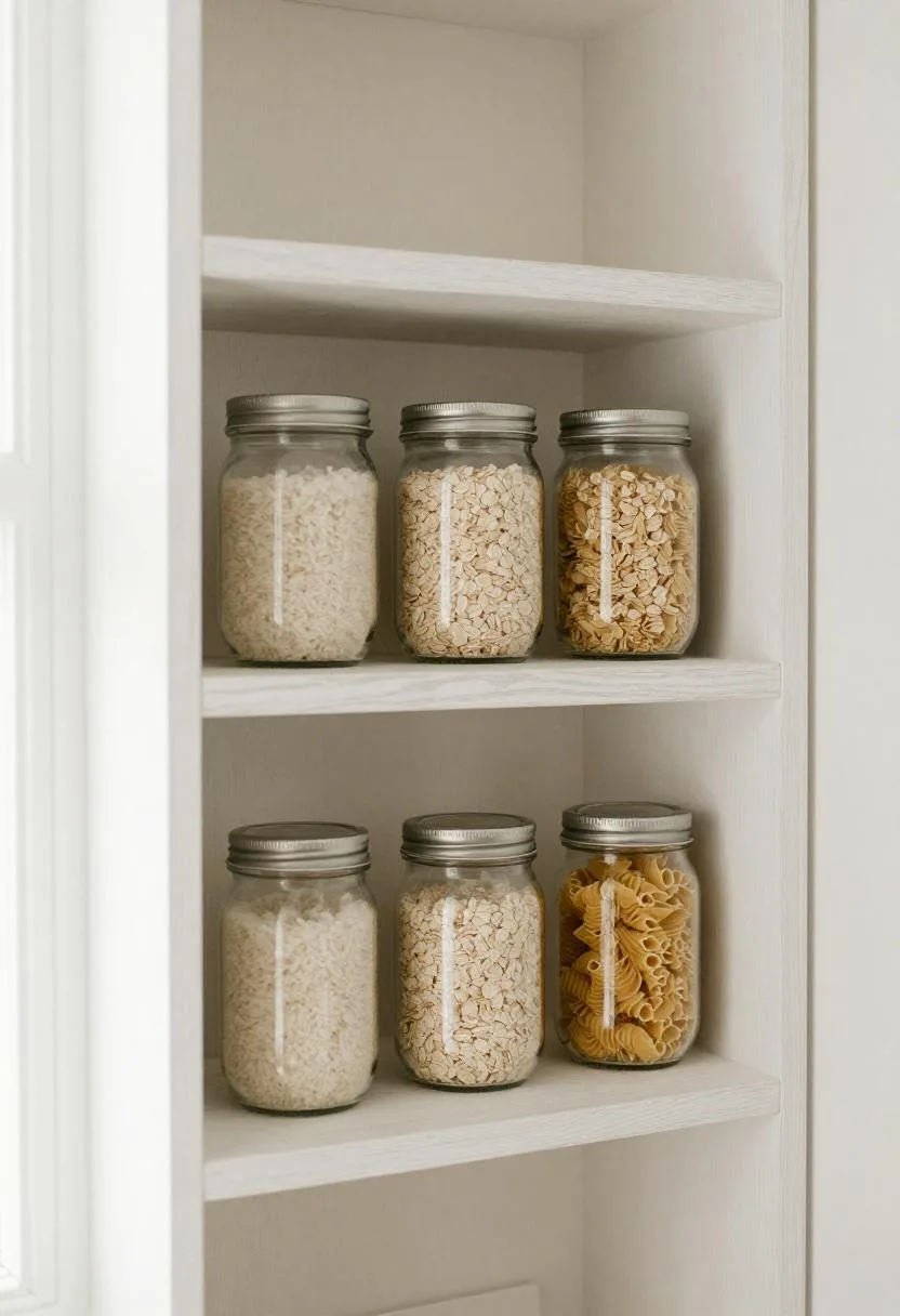 Minimal pantry shelf with labeled glass jars storing dry goods in clean white tones
