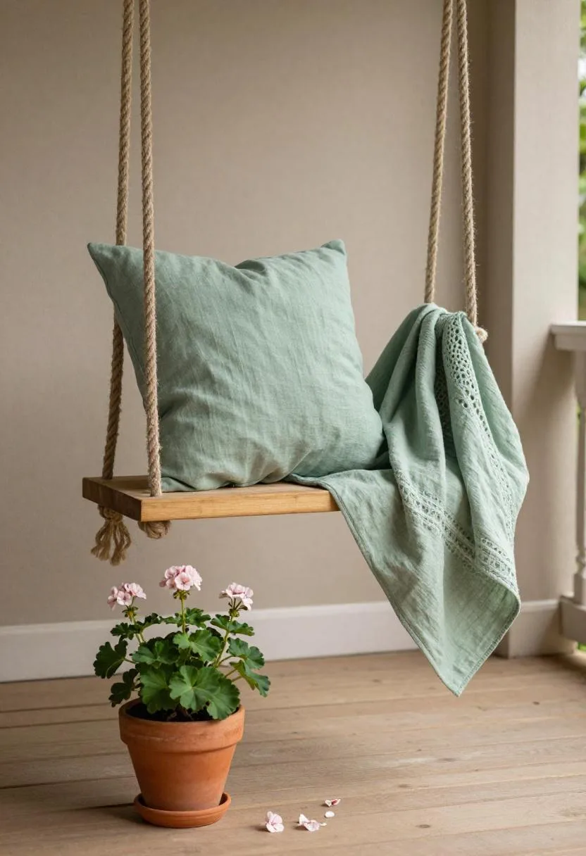 Porch swing with sage linen pillow and open-weave throw blanket, beside a potted geranium on the floor