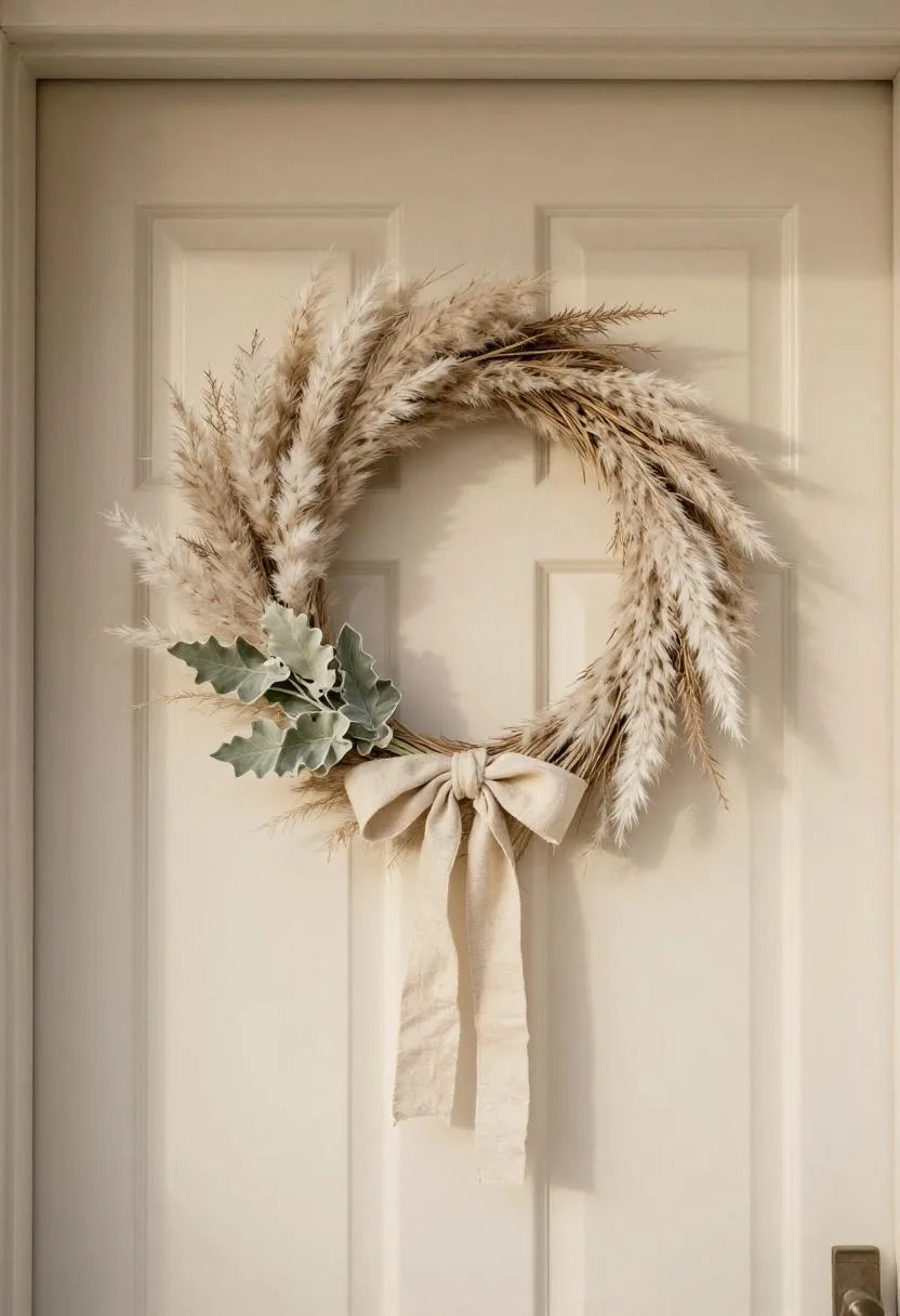 Minimalist porch door wreath of white pampas grass and lamb's ear tied with undyed linen ribbon