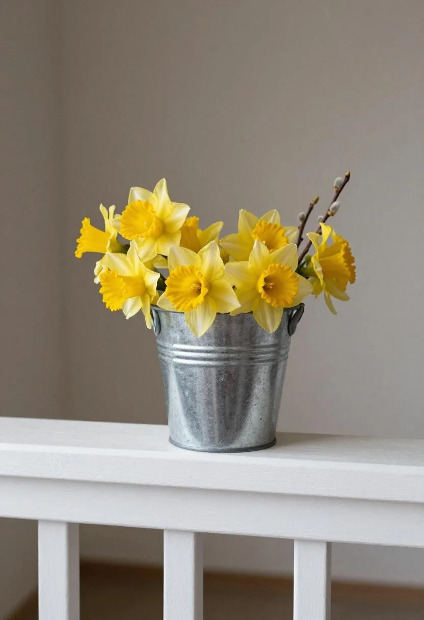 Galvanized bucket of daffodils and willow branches resting on a white-painted porch railing