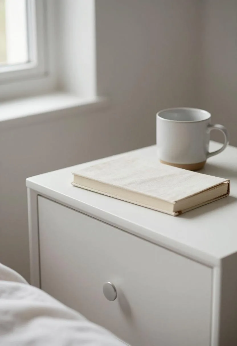 Minimal white oak nightstand with cream ceramic vessel and journal, Japandi bedside styling