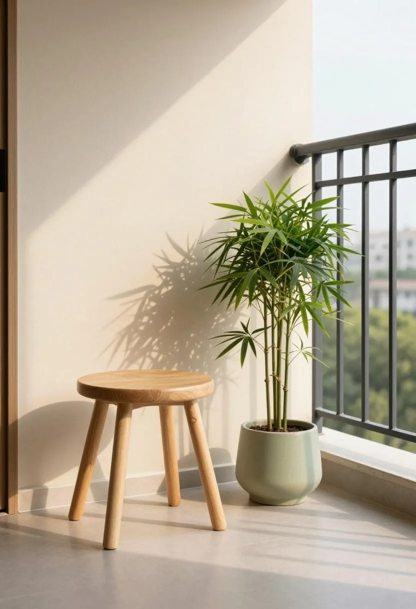 Minimalist Japandi balcony with a teak stool and sage green bamboo pot arranged to the side keeping the doorway fully clear