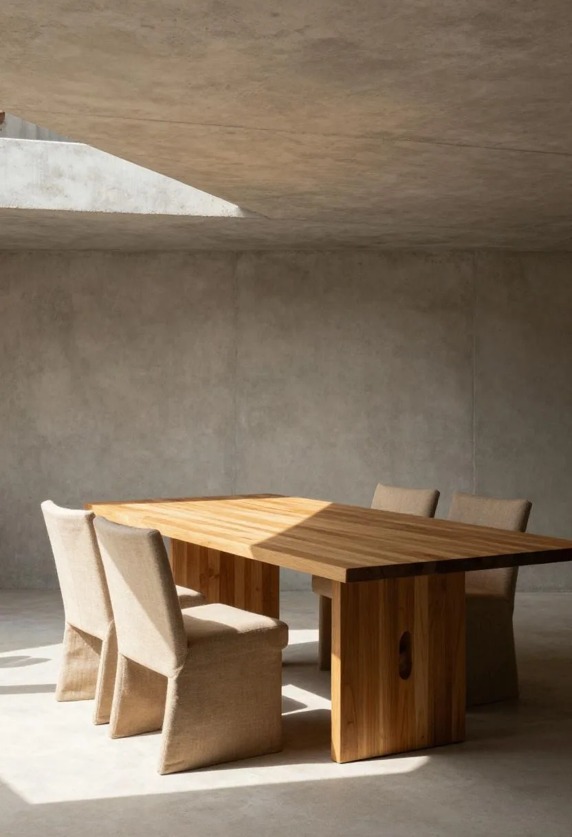 Minimalist concrete pergola with teak dining table and beige linen chairs in crisp midday shade