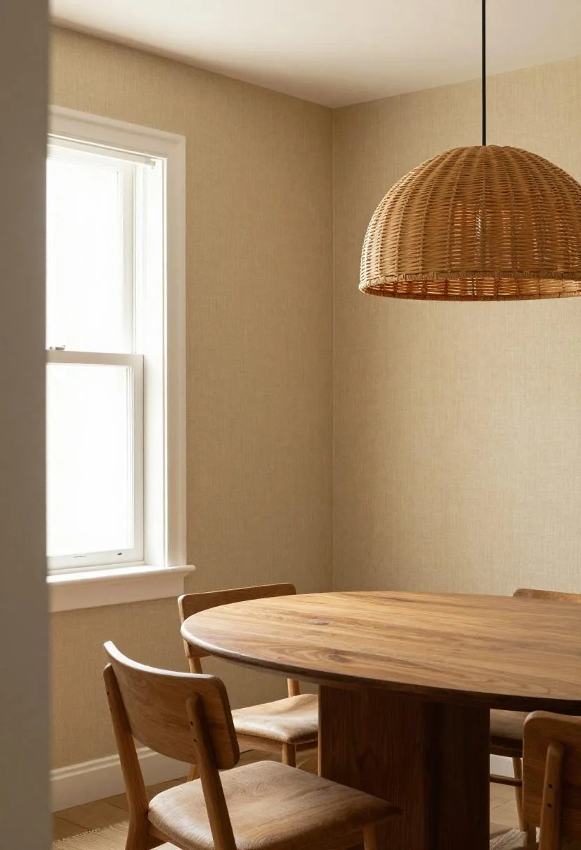 Warm minimalist dining room with DIY peel-and-stick grasscloth accent wall in linen and a walnut table