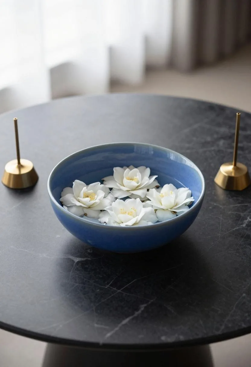 Minimalist Easter centerpiece on black marble surface with cool-blue bowl of floating camellias and slim brass taper candles
