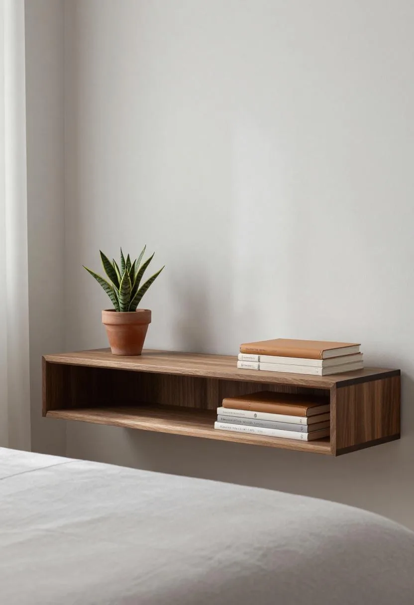 Minimalist floating walnut shelf nightstand with snake plant and leather-bound books in diffused light