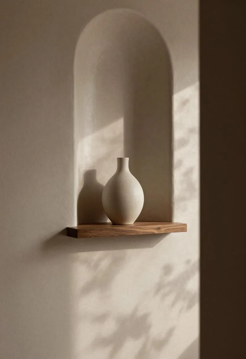 Minimalist hallway niche with DIY Venetian plaster accent wall in warm linen and a single ceramic bud vase