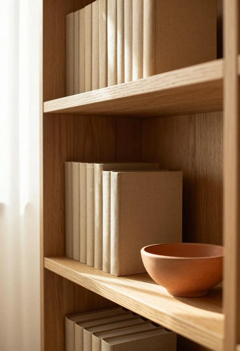 Minimalist oak built-in bookshelf with tan linen books and a terracotta bowl accent