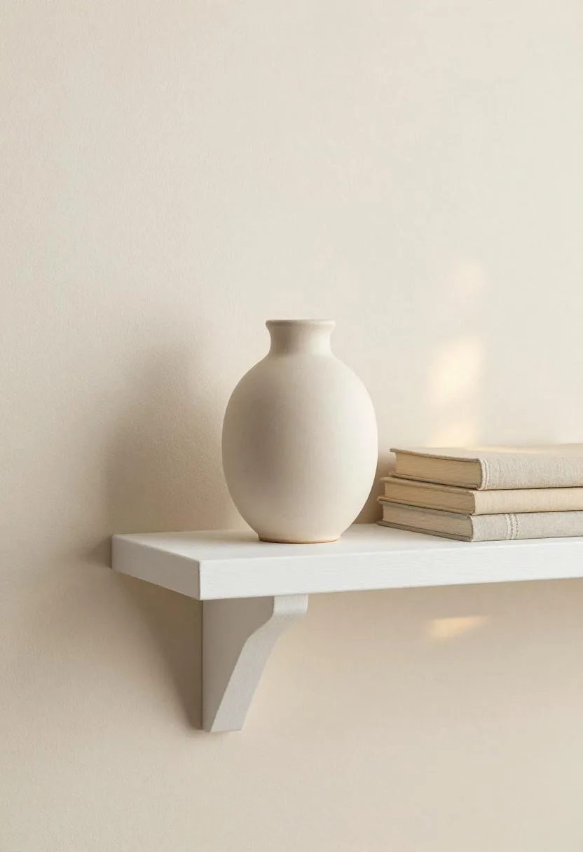 Minimalist cream oak floating shelf with single ceramic vase and linen-covered books on neutral wall