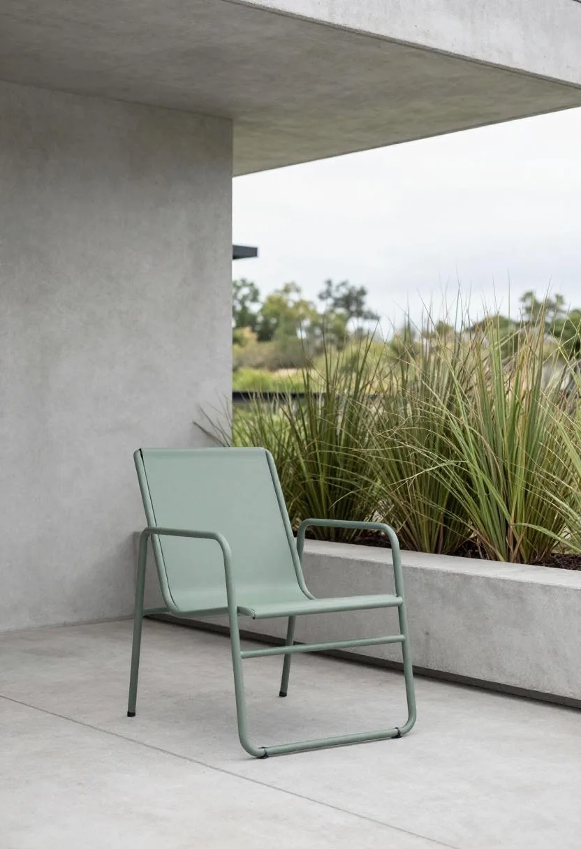 Sage green steel lounge chair and concrete ornamental grass planter on a minimalist charcoal patio