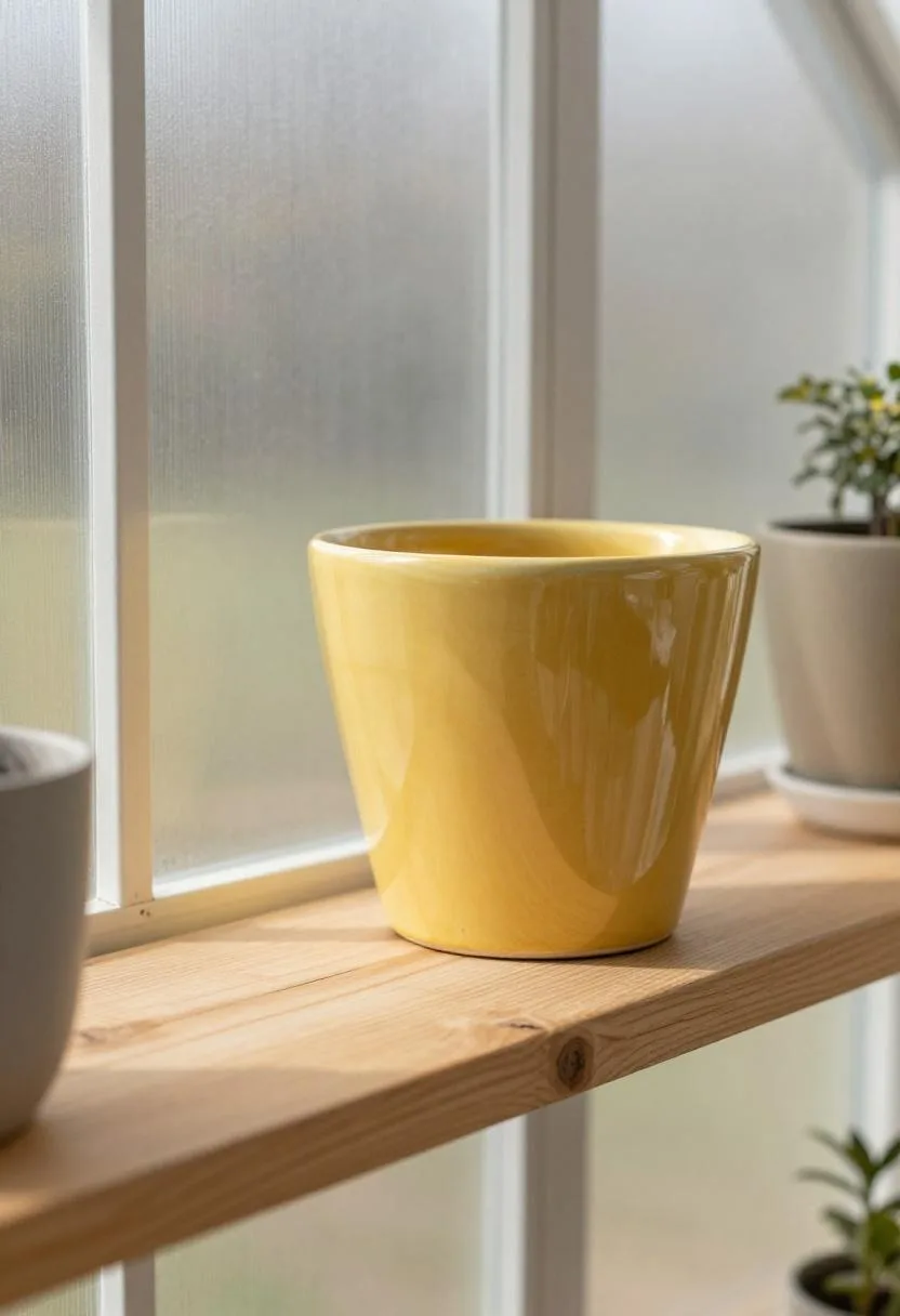 Minimalist polycarbonate greenhouse with a golden stoneware planter on a reclaimed oak shelf
