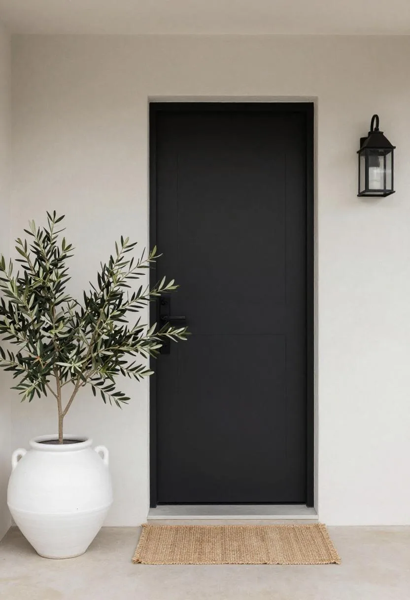 Minimalist porch with an oversized olive branch pot and warm linen doormat anchoring the entry