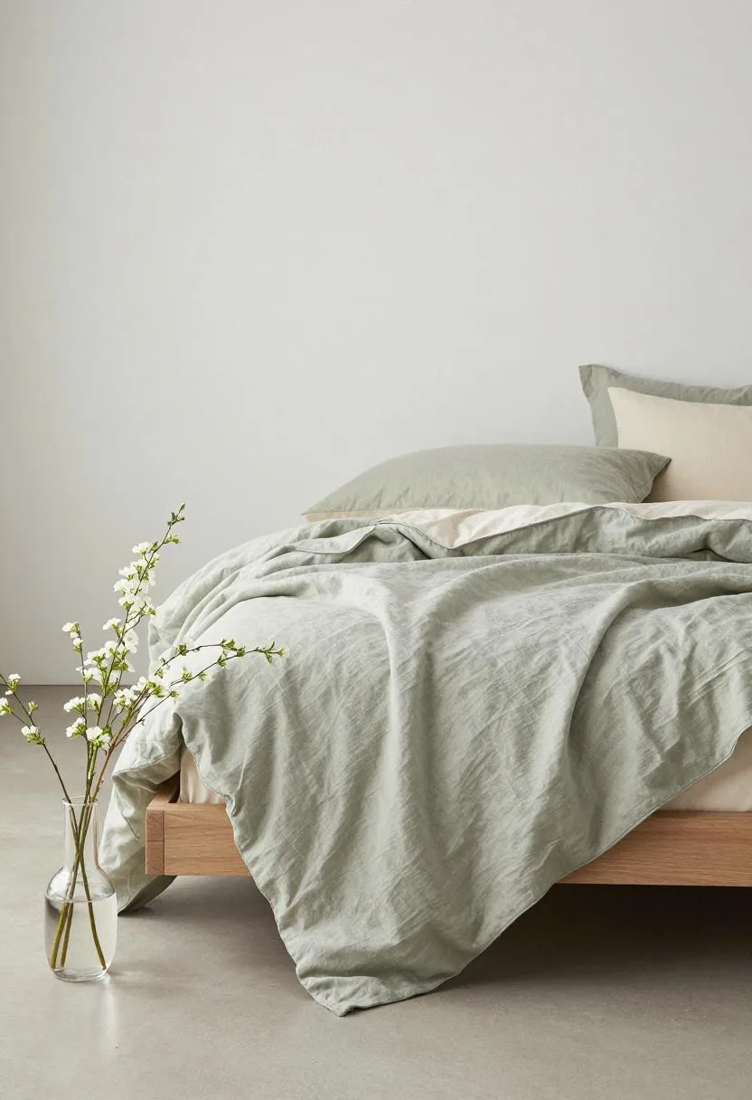 Interior design - minimalist spring bedroom sage linen duvet low oak platform bed