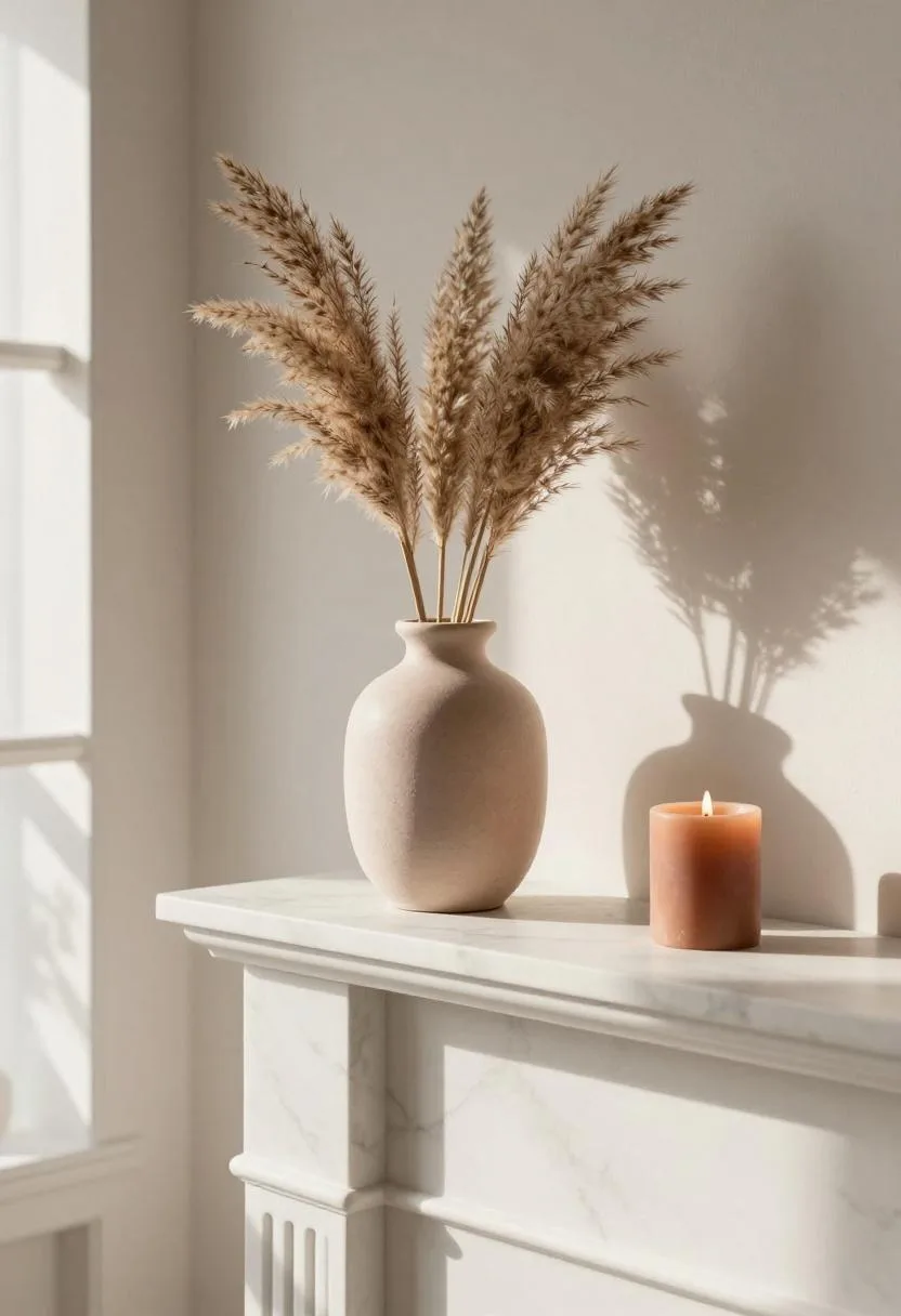 Interior design - minimalist spring mantel blush vase pampas grass marble
