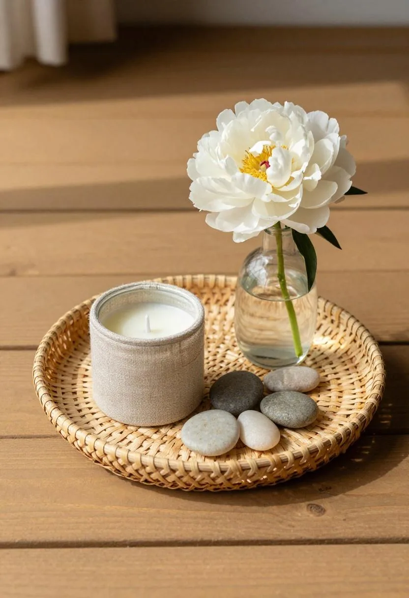 Flat-lay porch doorstep tray with smooth stones, linen-wrapped candle, and a single peony stem