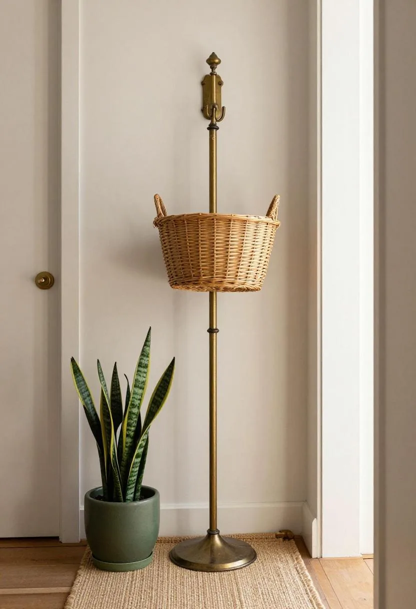Minimal porch entryway with a brass hook, wicker basket, snake plant, and sisal runner