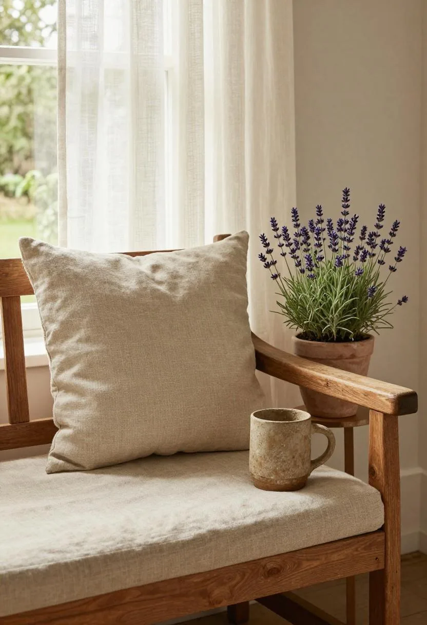Porch bench with linen cushion, stoneware mug, and potted lavender in soft spring morning light