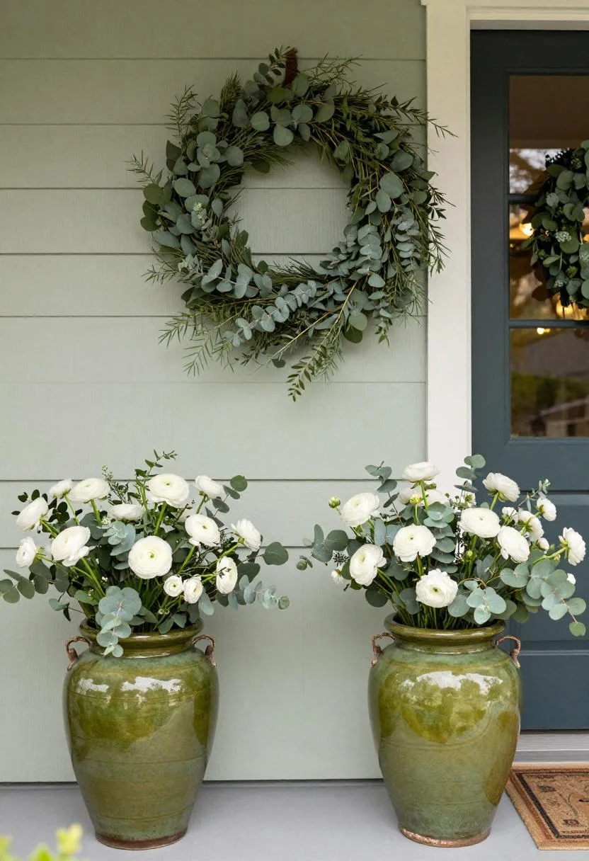 Eucalyptus and ranunculus railing garland with sage green ceramic planters flanking a front door