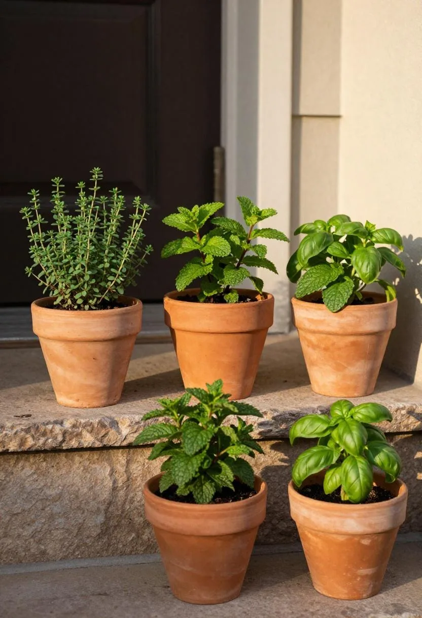 Three terracotta herb pots on stone porch steps planted with thyme, mint, and basil in spring