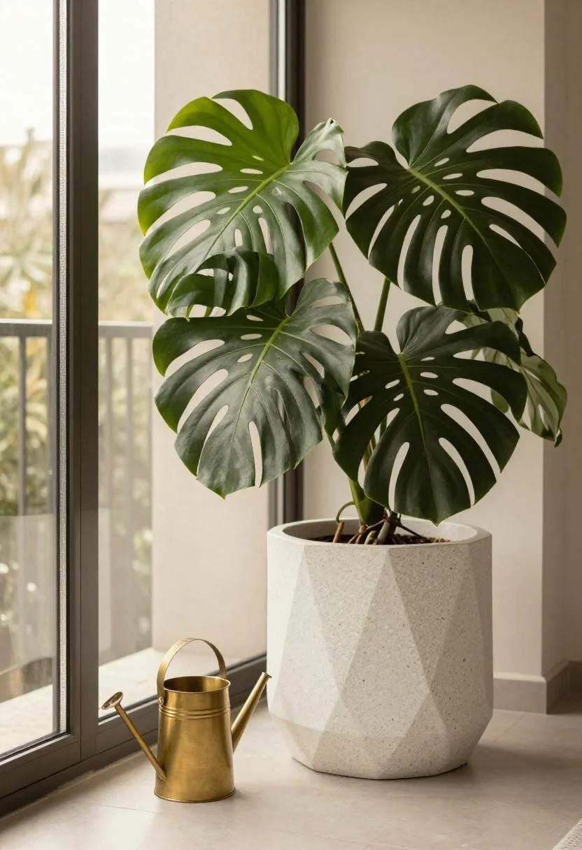 Maximalist-meets-minimal crisp white terrazzo planter with an oversized monstera and brass watering can on a modern balcony