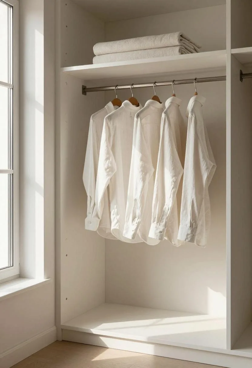 Interior design - minimalist walk in closet linen shirts aligned