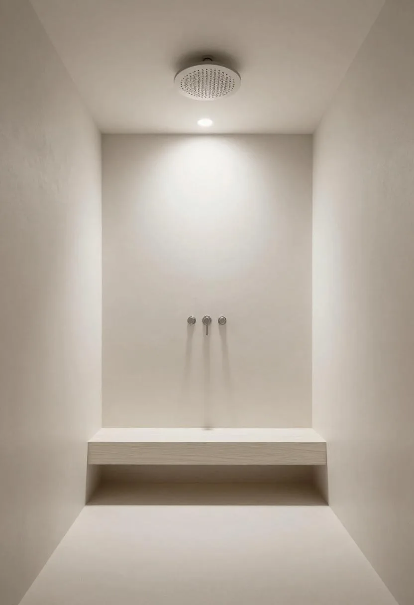 Minimalist white plaster walk-in shower with an oak wood bench and centered ceiling rainfall head