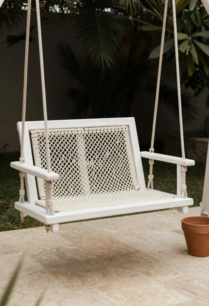 Minimalist whitewashed cedar swing with cream macrame seat on a stone patio