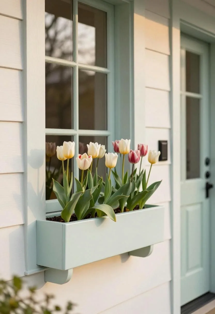 Pale mint window box filled with spring tulips mounted beside a craftsman front door in midday shade