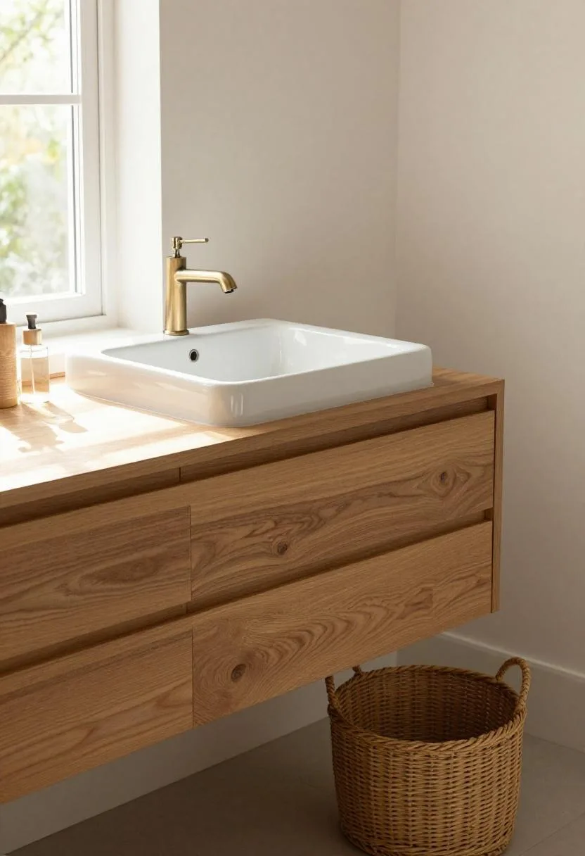 Mocha oak floating vanity with wall-mounted bronze faucet and rattan basket beneath