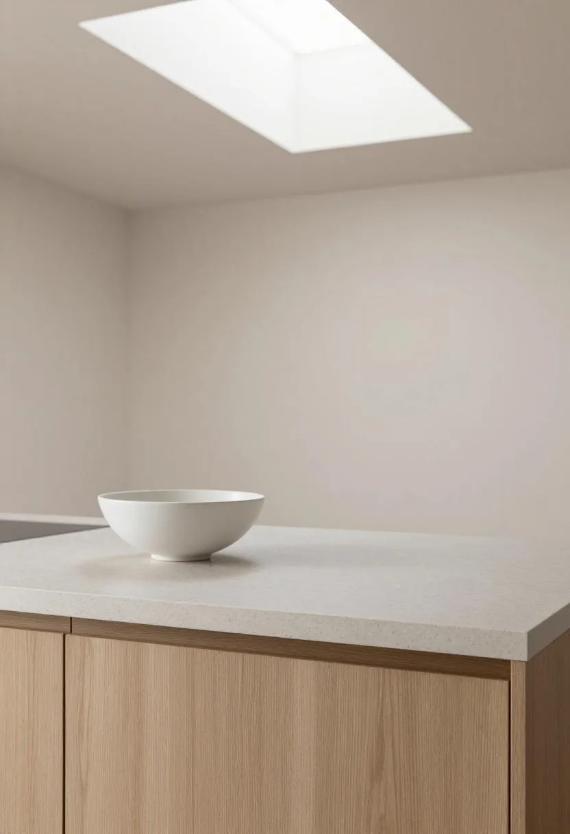 Modern kitchen island with honey camel quartz top and clean flat-panel warm oak cabinet fronts