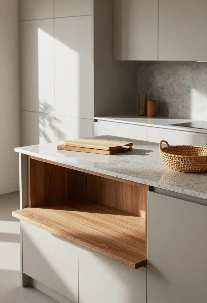 Modern oak kitchen island shelf with stacked cutting boards and rattan basket in morning light