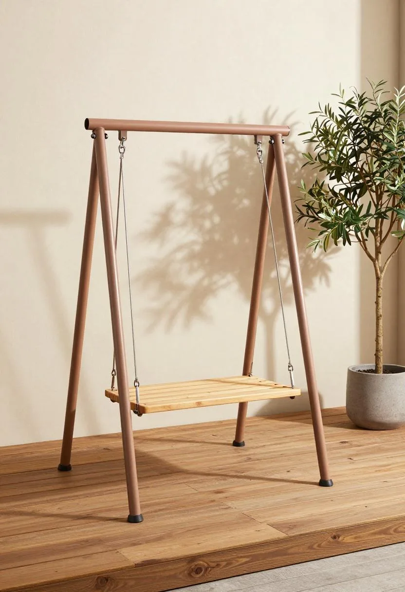 Modern olive steel swing set with pine plank seat on a cedar deck corner